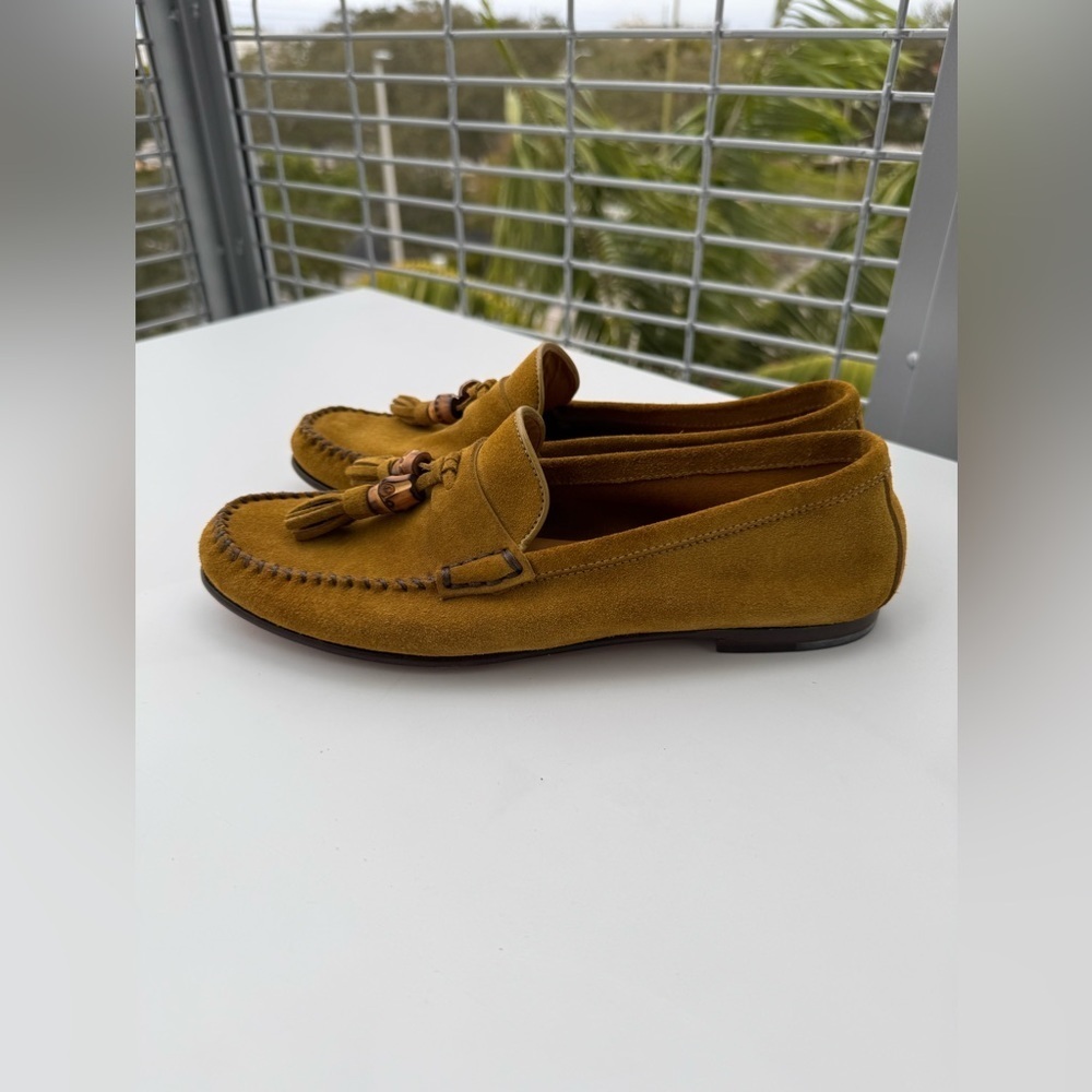 Authentic Gucci Mustard Suede Bamboo Tassel Loafers Flats Size 37.5 US 7.5 - Picture 4 of 8